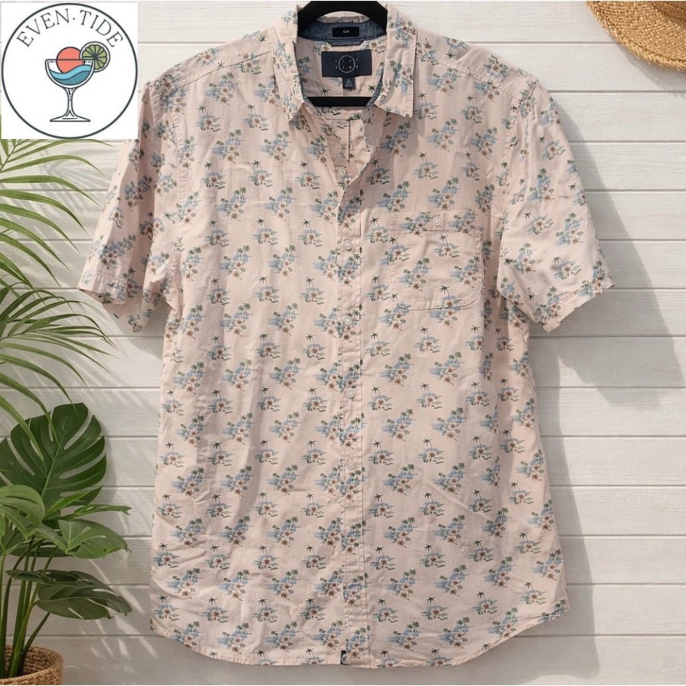 🌴👉🩵 Even Tide Palm Tree Button-Up Shirt XL | Tropical Beach Vibe Summer Shirt